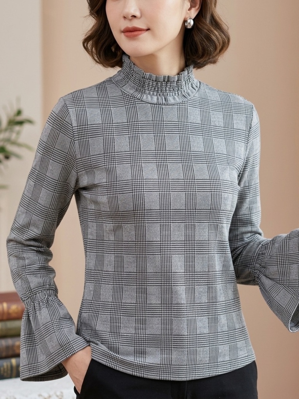 Zara Trafaluc Glen Plaid Bell Sleeve Mock Neck Top black white womens   medium